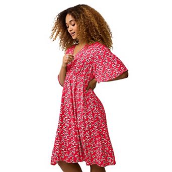 ellos Plus Size V-Neck Empire Dress With Button Trim