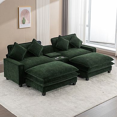 Merax 111" Sectional Sofa Chenille Upholstered Sofa with Two Removable Ottoman