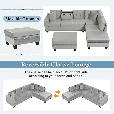 Merax 105" Modern Sectional Sofa with Storage Ottoman, L-Shape Couch with 2 Pillows and Cup Holders