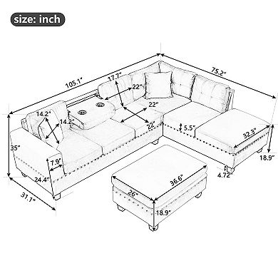 Merax 105" Modern Sectional Sofa with Storage Ottoman, L-Shape Couch with 2 Pillows and Cup Holders
