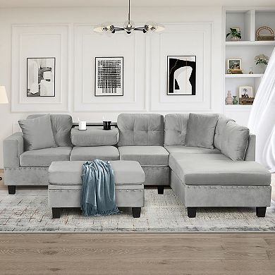 Merax 105" Modern Sectional Sofa with Storage Ottoman, L-Shape Couch with 2 Pillows and Cup Holders
