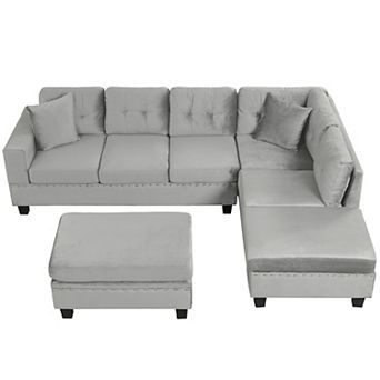 Merax 105" Modern Sectional Sofa with Storage Ottoman, L-Shape Couch with 2 Pillows and Cup Holders