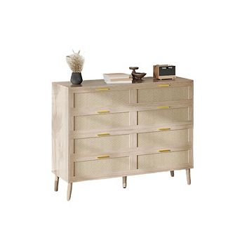8 Drawer Dresser, Natural Rattan Dresser for Bedroom with 5 Strong Legs, Farmhouse Wood Chest