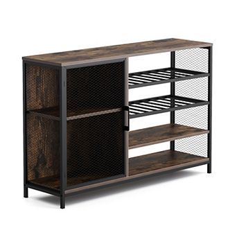 Wine Bar Cabinet with LED Lights, Power Outlets, Mesh Door & Cup Hooks Coffee Bar for Kitchen