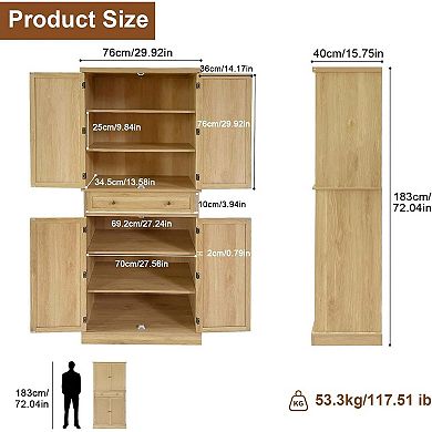 72"H Kitchen Pantry Cabinet, Free Standing Storage Pantries with 4 Doors and 4 Adjustable Shelves