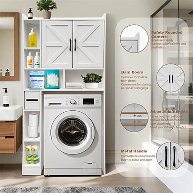 Toilet Storage Cabinet, Space Saving Bathroom Organizer with Toilet Paper Holder, 2 Barn Doors