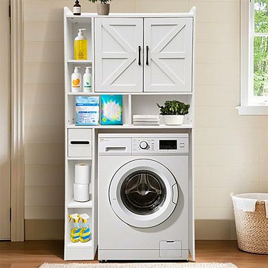 Toilet Storage Cabinet, Space Saving Bathroom Organizer with Toilet Paper Holder, 2 Barn Doors