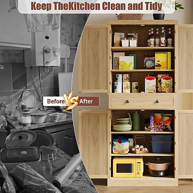 Kitchen Pantry Storage Cabinet with 4 Doors and Adjustable Shelves, 72" Tall