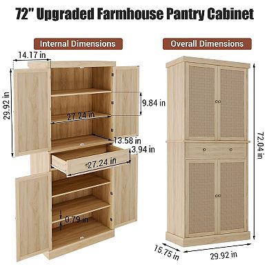 Kitchen Pantry Storage Cabinet with 4 Doors and Adjustable Shelves, 72" Tall