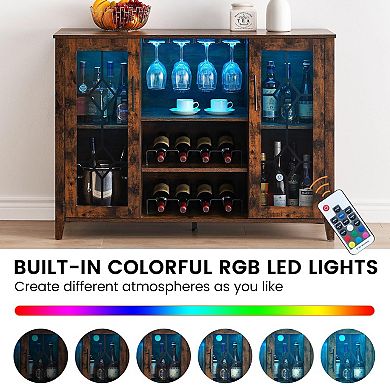 Wine Bar Cabinet with LED Light, Wine & Glass Rack, Storage Buffet Sideboard Liquor Cabinet