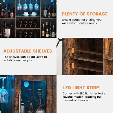 Wine Bar Cabinet with LED Light, Wine & Glass Rack, Storage Buffet Sideboard Liquor Cabinet