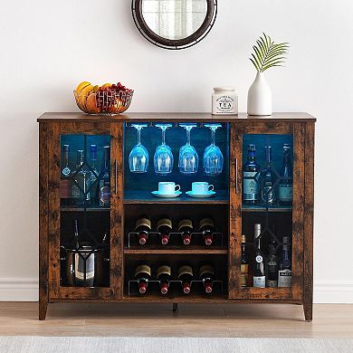 Wine Bar Cabinet with LED Light, Wine & Glass Rack, Storage Buffet Sideboard Liquor Cabinet
