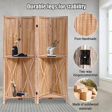4 Panel Wood Room Divider with Shelves,Folding Screen Room Divider with Storage,Freestanding