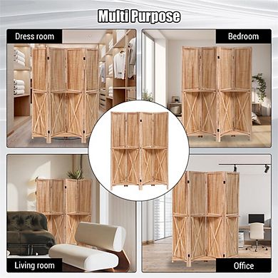 4 Panel Wood Room Divider with Shelves,Folding Screen Room Divider with Storage,Freestanding