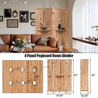 4 Panel Wood Room Divider with Shelves,Folding Screen Room Divider with Storage,Freestanding