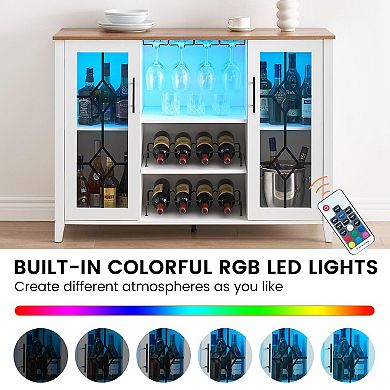 Wine Bar Cabinet with LED Light, Wine & Glass Rack, Storage Buffet Sideboard