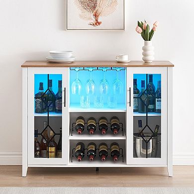 Wine Bar Cabinet with LED Light, Wine & Glass Rack, Storage Buffet Sideboard