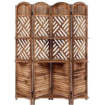 4 Panel Wood Room Divider with Shelves,Folding Screen Room Divider with Storage,Freestanding
