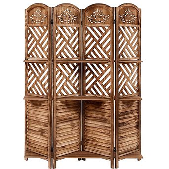 4 Panel Wood Room Divider with Shelves,Folding Screen Room Divider with Storage,Freestanding
