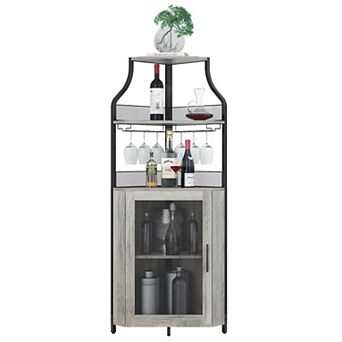 Corner Bar Cabinet with Glass Holder, Industrial Wine Cabinet with Adjustble Shelf