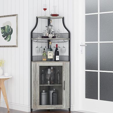 Corner Bar Cabinet with Glass Holder, Industrial Wine Cabinet with Adjustble Shelf