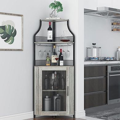 Corner Bar Cabinet with Glass Holder, Industrial Wine Cabinet with Adjustble Shelf