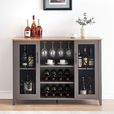 LED Wine Bar Cabinet with Glass Rack and Storage, Home Coffee & Liquor Sideboard Buffet