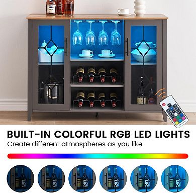 LED Wine Bar Cabinet with Glass Rack and Storage, Home Coffee & Liquor Sideboard Buffet