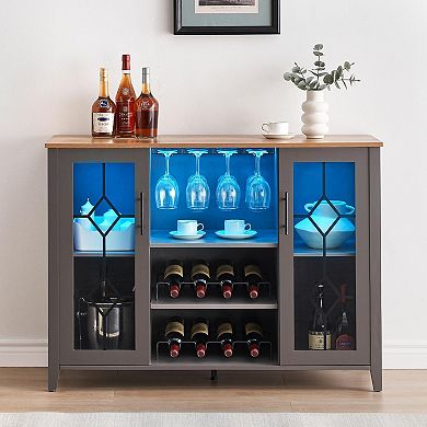 LED Wine Bar Cabinet with Glass Rack and Storage, Home Coffee & Liquor Sideboard Buffet