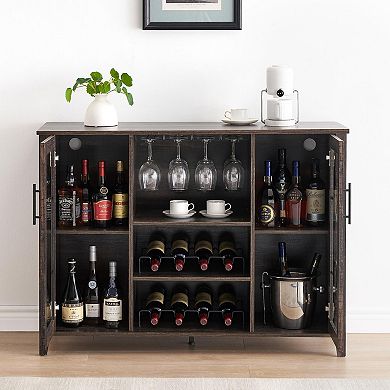 Wine Bar Cabinet with LED Light, Wine & Glass Rack, Storage Buffet Sideboard Liquor Cabinet