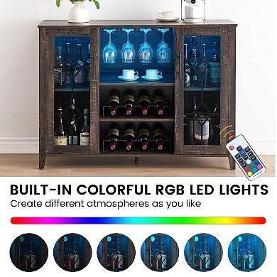 Wine Bar Cabinet with LED Light, Wine & Glass Rack, Storage Buffet Sideboard Liquor Cabinet