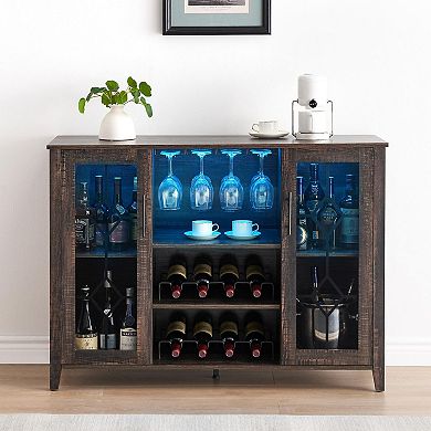 Wine Bar Cabinet with LED Light, Wine & Glass Rack, Storage Buffet Sideboard Liquor Cabinet