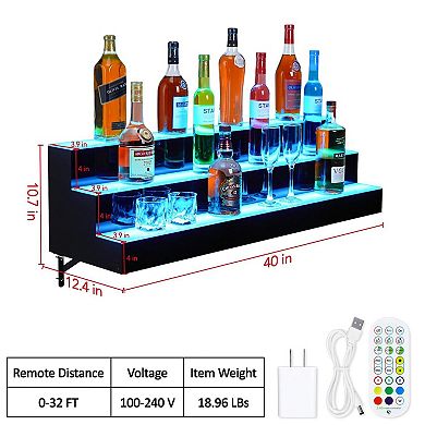 40" Acrylic LED Wine Display Rack with Remote & App Control, 3-Tier Shelf, Modern Home Bar Accessory