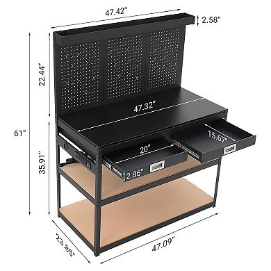 Workbench with Pegboard, 48" x 24", with 2 Large Drawers and 2 Storage Shelves