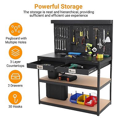 Workbench with Pegboard, 48" x 24", with 2 Large Drawers and 2 Storage Shelves