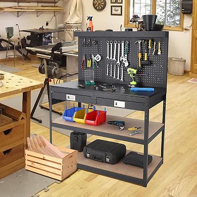 Workbench with Pegboard, 48" x 24", with 2 Large Drawers and 2 Storage Shelves