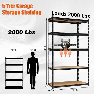 5 Tier Utiliy Shelves Adjustable Garage Storage Shelves, 2000 Lbs, 30x12x60 In