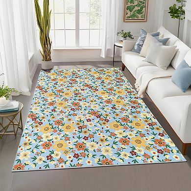 Garvee Modern Floral Printed Area Rug Ultra Thin Machine Washable Stain Resistant Non Slip Carpet