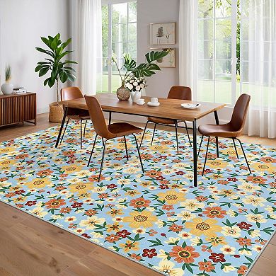 Garvee Modern Floral Printed Area Rug Ultra Thin Machine Washable Stain Resistant Non Slip Carpet