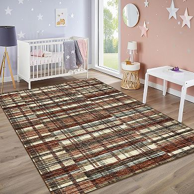 Garvee Machine Washable Modern Checked Area Rug Non Slip Bordered Throw Carpet for Home Decor