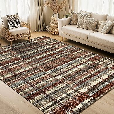 Garvee Machine Washable Modern Checked Area Rug Non Slip Bordered Throw Carpet for Home Decor