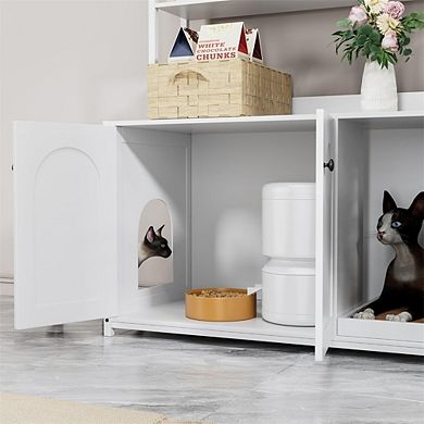 Litter Box Enclosure with Storage Shelves, Hidden Cat Litter Box Enclosure Furniture with 2 Doors