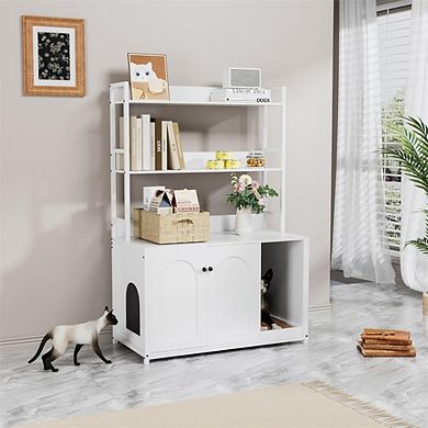 Litter Box Enclosure with Storage Shelves, Hidden Cat Litter Box Enclosure Furniture with 2 Doors