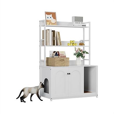 Litter Box Enclosure with Storage Shelves, Hidden Cat Litter Box Enclosure Furniture with 2 Doors