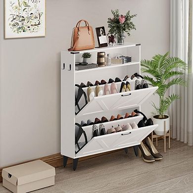 Shoe Cabinet with 2 Flip Drawers, Freestanding Shoe Cabinet Organizer with Metal Legs