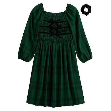 Girls 7-16 Trixxi Plaid Midi Dress with Trend Bow Detail & Scrunchie