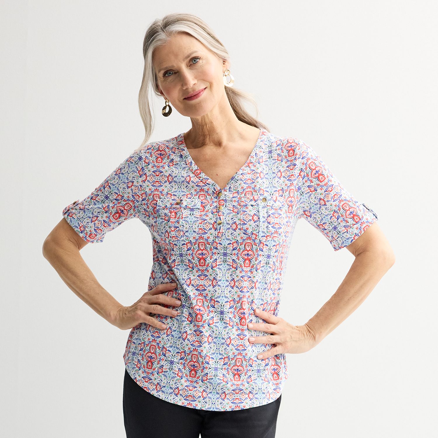 Women's Croft & Barrow® Elbow Sleeve Utility Henley Top - Red Ornate Tile (LARGE)
