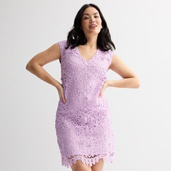 Women's London Times Lace Extended Shoulder V-Neck Shift Dress