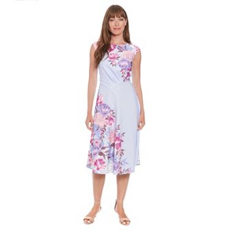 Women's London Times Floral Asymmetrical Waist Seam Fit & Flare Dress