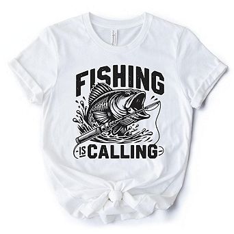 Fishing Is Calling T-Shirt, White Outdoor Tee for Fishermen Dads